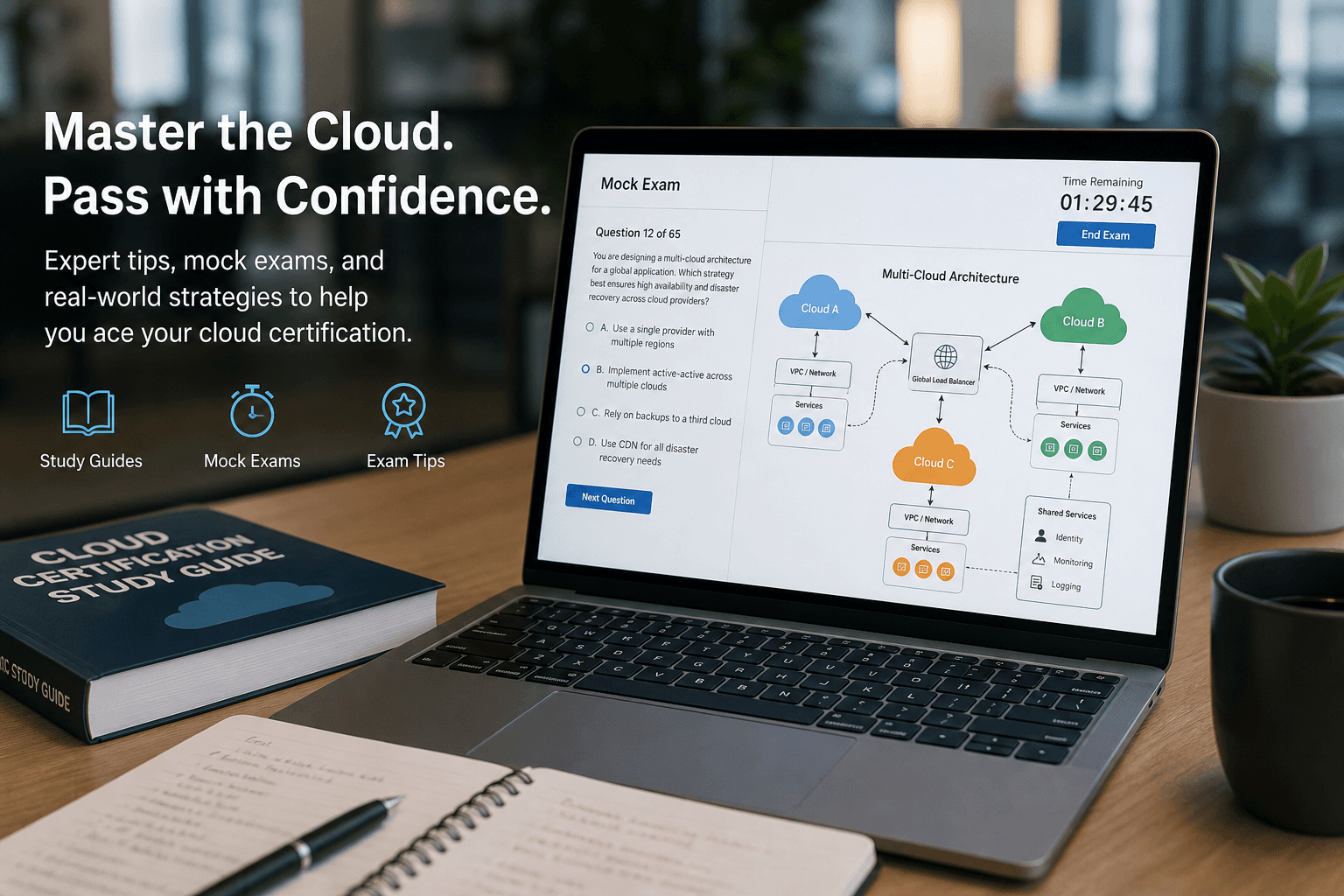 Cloud architecture diagram on screen during a certification mock test session.