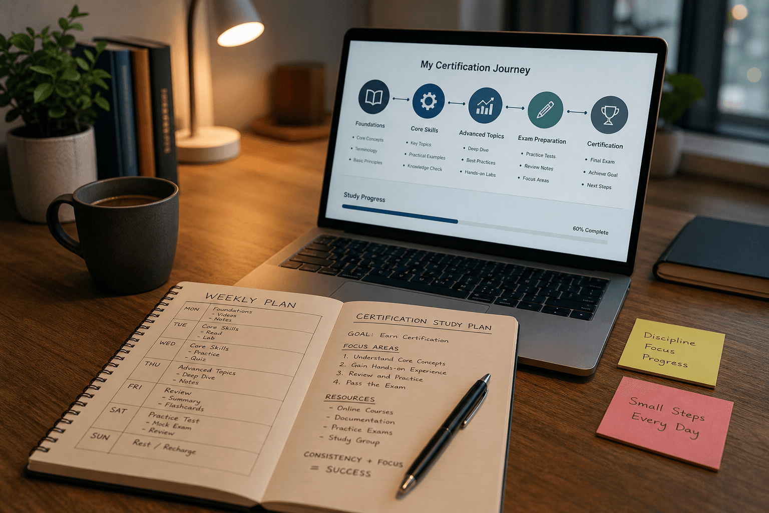 Study plan notebook next to a laptop showing AWS certification preparation resources.