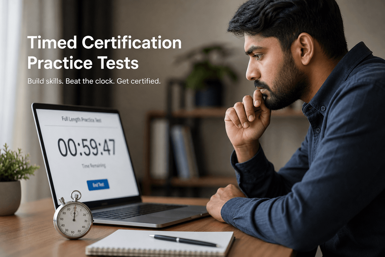Certification exam timer countdown displayed during a practice test session.